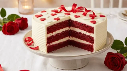 Torta Red Velvet su un tavolo bianco per San Valentino