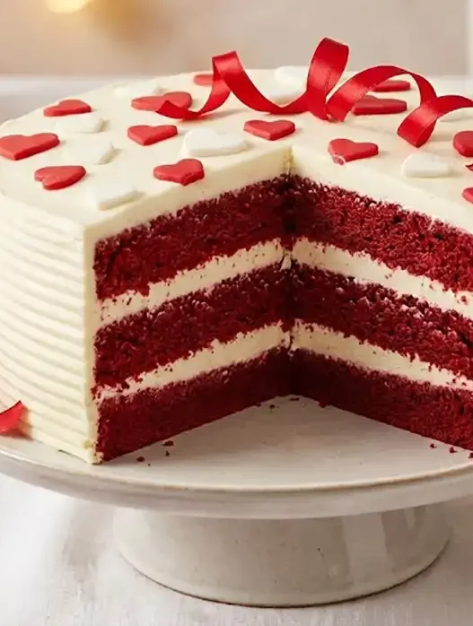 Torta Red Velvet su un tavolo bianco per San Valentino