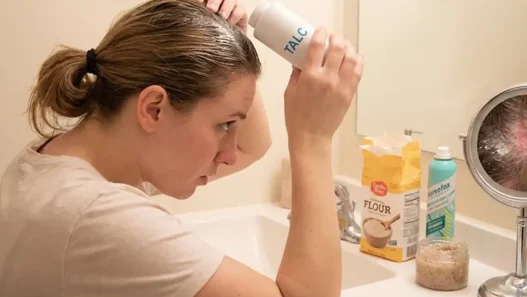 una ragazza che si mette del borotalco nei capelli