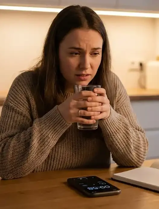 Una donna che ha tra le mani un bicchiere d'acqua