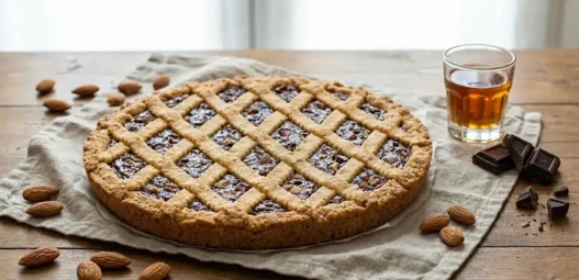 Primo piano di una fetta di Torta di San Biagio con ripieno scuro di mandorle e cioccolato e decorazione a losanghe.
