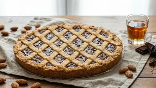 Primo piano di una fetta di Torta di San Biagio con ripieno scuro di mandorle e cioccolato e decorazione a losanghe.
