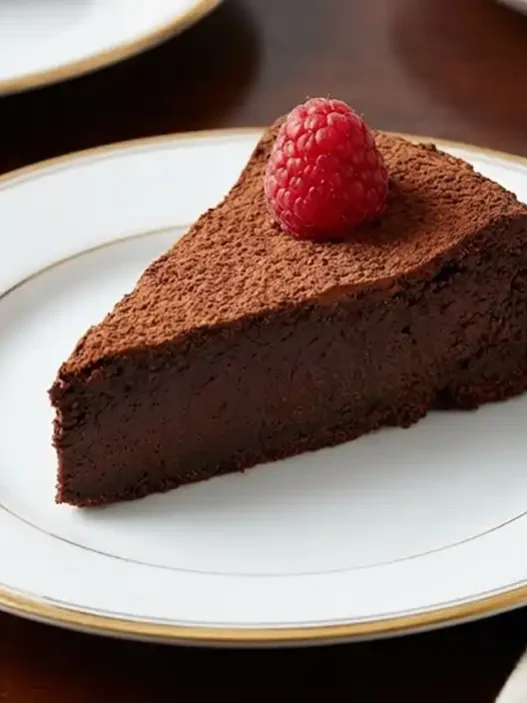 Una fetta di torta al cioccolato densa e cremosa su un piattino elegante, decorata con un lampone fresco.