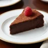 Una fetta di torta al cioccolato densa e cremosa su un piattino elegante, decorata con un lampone fresco.