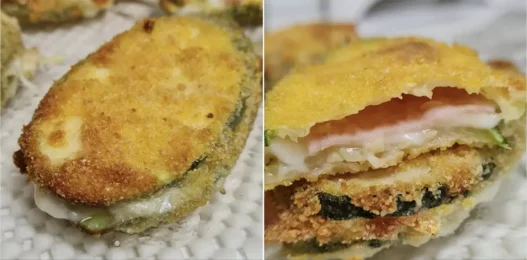 Involtini di zucchine croccanti con cuore di prosciutto e provola filante, cotti in friggitrice ad aria, serviti su un piatto con una spruzzata di olio