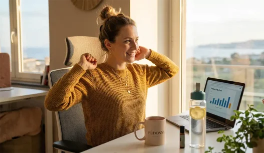 Una donna sorridente si sgranchisce in ufficio durante il pomeriggio, con luce naturale, acqua al limone e tazza PiùDonna sulla scrivania, per contrastare il calo pomeridiano.