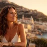 Donna di 40 anni felice e rilassata mentre si gode un viaggio in solitaria guardando il tramonto, simbolo di empowerment e rinascita personale.