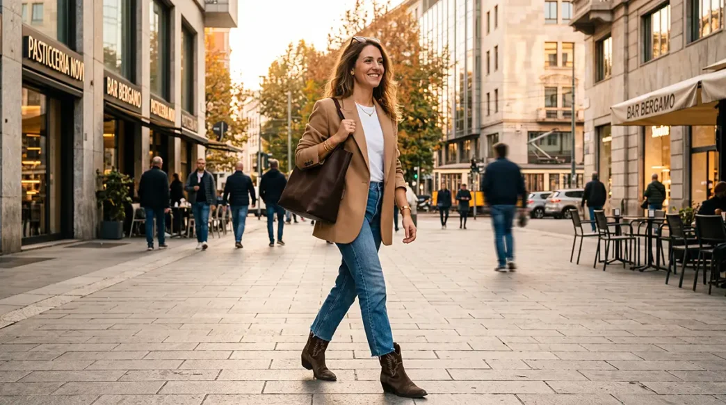 Una donna elegante cammina in città indossando un blazer leggero color cammello e stivaletti estivi, perfetto look di transizione per settembre.