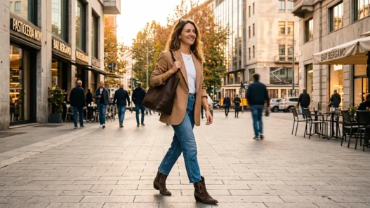 Una donna elegante cammina in città indossando un blazer leggero color cammello e stivaletti estivi, perfetto look di transizione per settembre.
