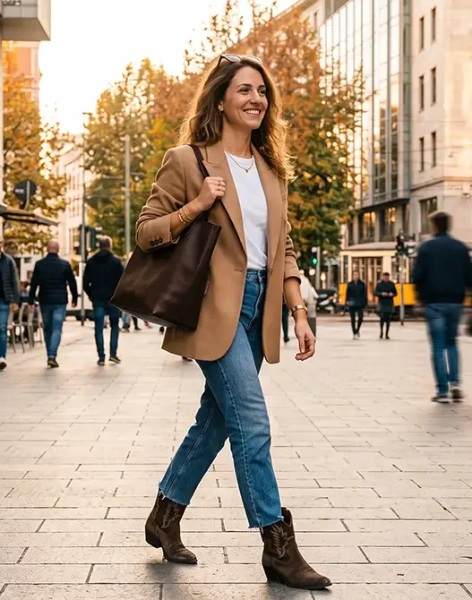 Una donna elegante cammina in città indossando un blazer leggero color cammello e stivaletti estivi, perfetto look di transizione per settembre.