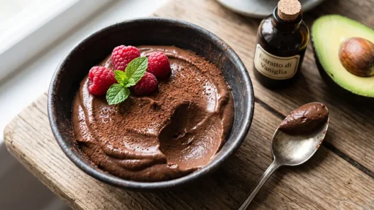 Primo piano di una mousse al cioccolato cremosa e scura con avocado, servita in una ciotola rustica con lamponi e menta.