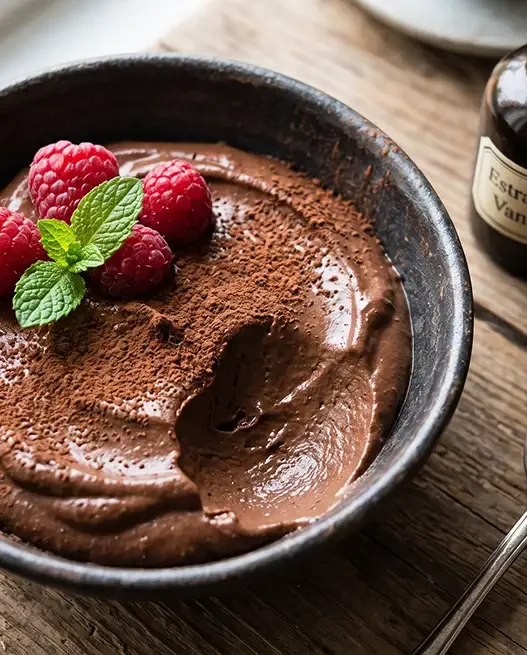 Primo piano di una mousse al cioccolato cremosa e scura con avocado, servita in una ciotola rustica con lamponi e menta.