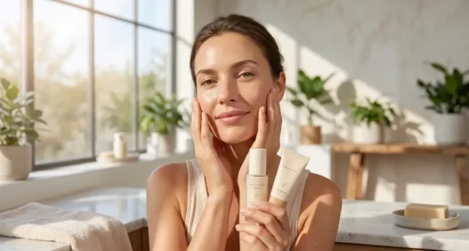 Una donna serena con pelle radiosa e lentiggini, sorridente, tiene in mano due prodotti multiuso (siero e SPF tintato) mentre si tocca delicatamente il viso, in un bagno soleggiato e minimalista