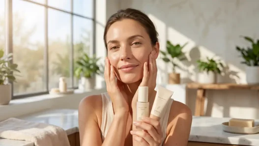 Una donna serena con pelle radiosa e lentiggini, sorridente, tiene in mano due prodotti multiuso (siero e SPF tintato) mentre si tocca delicatamente il viso, in un bagno soleggiato e minimalista