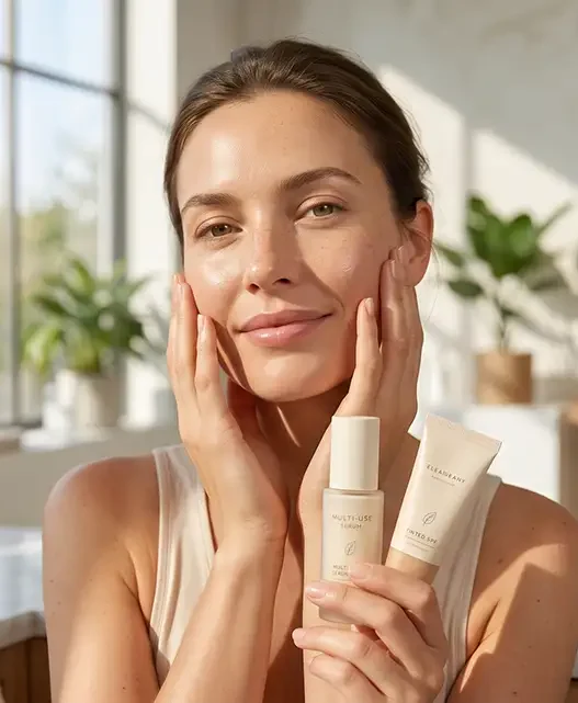 Una donna serena con pelle radiosa e lentiggini, sorridente, tiene in mano due prodotti multiuso (siero e SPF tintato) mentre si tocca delicatamente il viso, in un bagno soleggiato e minimalista