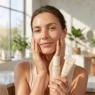 Una donna serena con pelle radiosa e lentiggini, sorridente, tiene in mano due prodotti multiuso (siero e SPF tintato) mentre si tocca delicatamente il viso, in un bagno soleggiato e minimalista