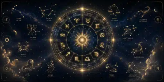 Una luminosa ruota dello zodiaco dorata su uno sfondo stellato, che rappresenta le previsioni astrologiche e l'oroscopo del 19 agosto 2026 per tutti i segni