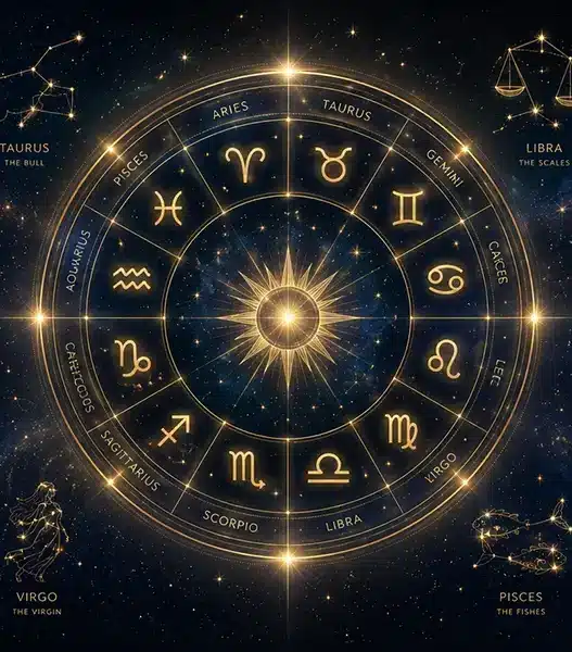 Una luminosa ruota dello zodiaco dorata su uno sfondo stellato, che rappresenta le previsioni astrologiche e l'oroscopo del 19 agosto 2026 per tutti i segni