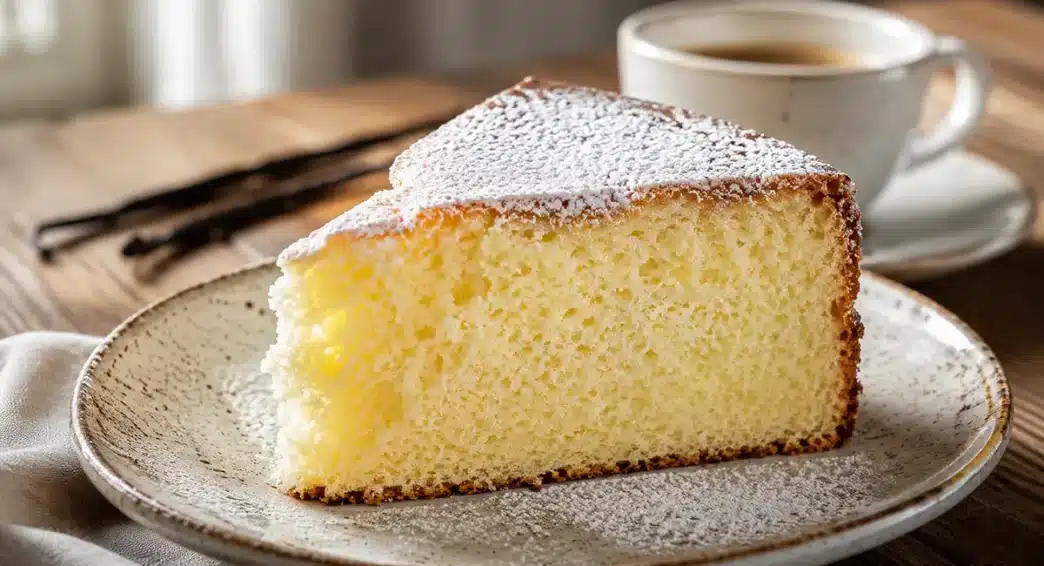 Fetta di Torta Paradiso altissima e super soffice, ricoperta di zucchero a velo, servita su un piatto in ceramica rustica con una tazza di caffè sullo sfondo.