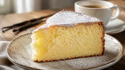 Fetta di Torta Paradiso altissima e super soffice, ricoperta di zucchero a velo, servita su un piatto in ceramica rustica con una tazza di caffè sullo sfondo.