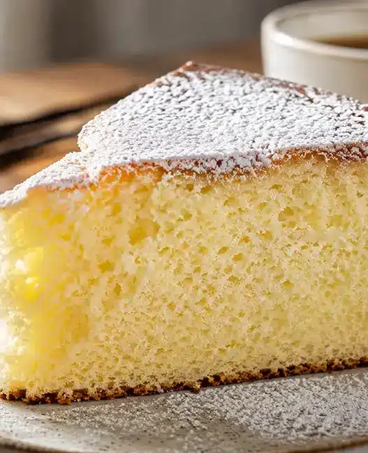 Fetta di Torta Paradiso altissima e super soffice, ricoperta di zucchero a velo, servita su un piatto in ceramica rustica con una tazza di caffè sullo sfondo.