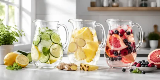 Tre caraffe di vetro con fresche acque detox fai da te a base di frutta e verdura, ideali contro la pancia gonfia post ferie