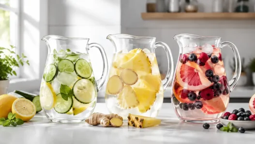 Tre caraffe di vetro con fresche acque detox fai da te a base di frutta e verdura, ideali contro la pancia gonfia post ferie