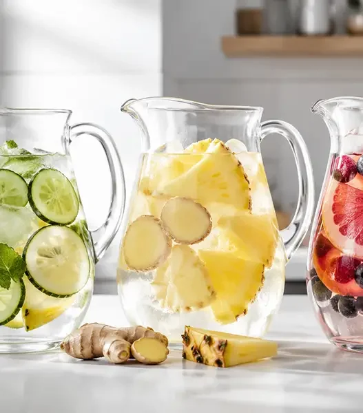 Tre caraffe di vetro con fresche acque detox fai da te a base di frutta e verdura, ideali contro la pancia gonfia post ferie