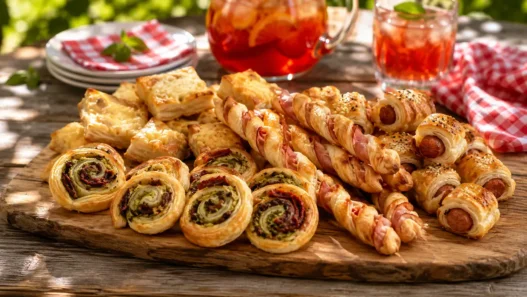 Un tagliere di legno rustico ricco di antipasti di pasta sfoglia appena sfornati, come girelle e grissini, perfetti per il pranzo di Ferragosto.