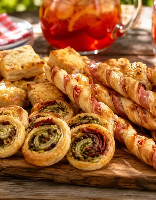 Un tagliere di legno rustico ricco di antipasti di pasta sfoglia appena sfornati, come girelle e grissini, perfetti per il pranzo di Ferragosto.