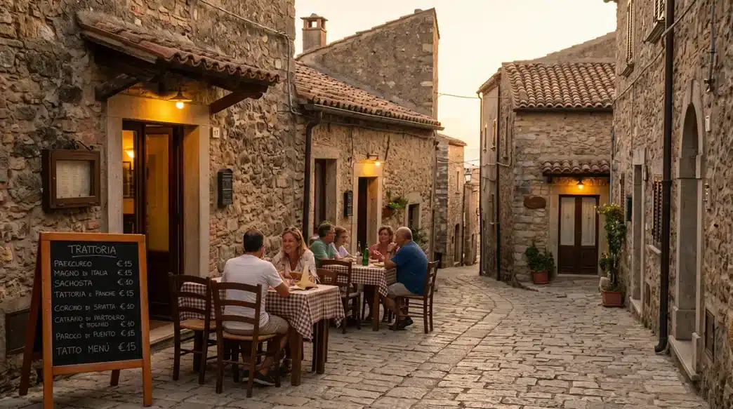Turisti che cenano all'aperto in una trattoria economica in un borgo italiano nascosto durante il tramonto.