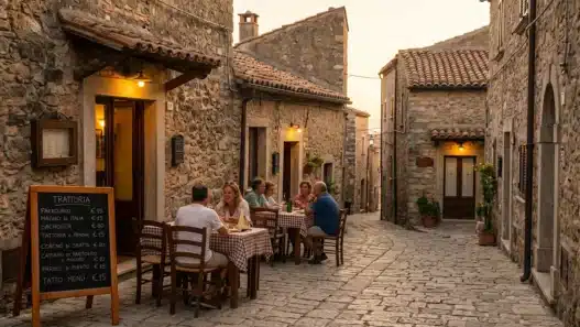 Turisti che cenano all'aperto in una trattoria economica in un borgo italiano nascosto durante il tramonto.