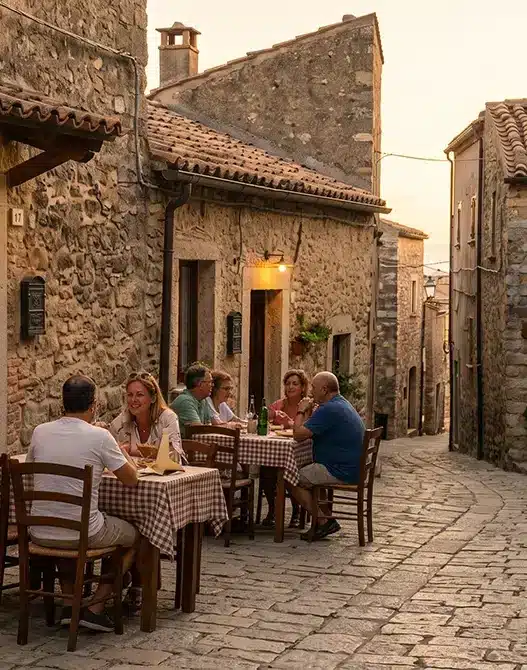Turisti che cenano all'aperto in una trattoria economica in un borgo italiano nascosto durante il tramonto.