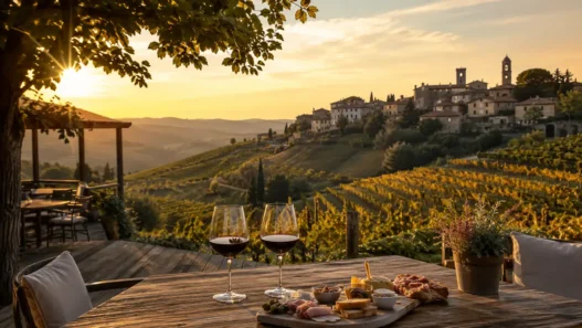 Vista panoramica su un borgo italiano circondato da vigneti, la meta perfetta per un weekend di settembre in un agriturismo immerso nella natura. Descrizione Immagine: Un paesaggio collinare italiano al tramonto che ispira relax e