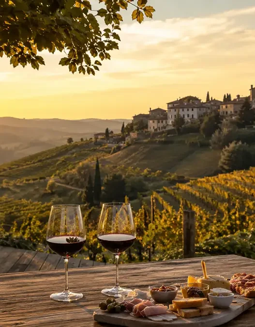 Vista panoramica su un borgo italiano circondato da vigneti, la meta perfetta per un weekend di settembre in un agriturismo immerso nella natura. Descrizione Immagine: Un paesaggio collinare italiano al tramonto che ispira relax e