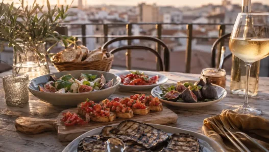 avola apparecchiata al tramonto con piatti freschi a base di fichi, pomodori e melanzane per una perfetta cena estiva in città.