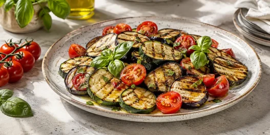 Un piatto sano e leggero di zucchine e melanzane grigliate con pomodorini freschi e basilico, ideale per una cena veloce senza forno.