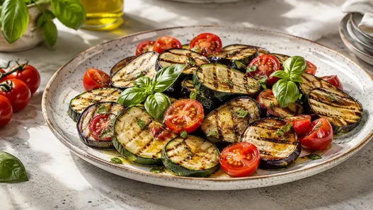 Un piatto sano e leggero di zucchine e melanzane grigliate con pomodorini freschi e basilico, ideale per una cena veloce senza forno.