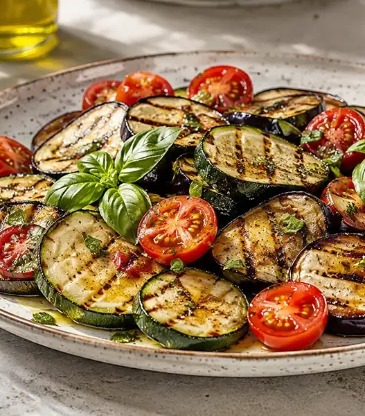 Un piatto sano e leggero di zucchine e melanzane grigliate con pomodorini freschi e basilico, ideale per una cena veloce senza forno.