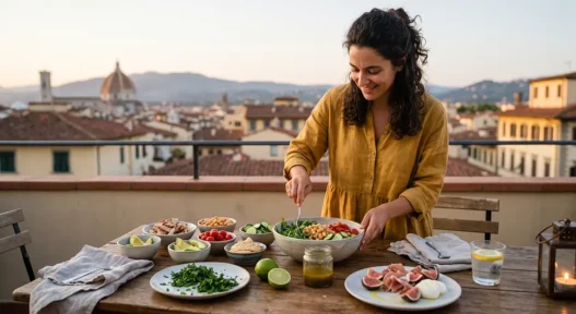 Donna prepara una cena fresca senza cottura con bowl vegetariana e carpaccio di fichi e prosciutto su un balcone al tramonto
