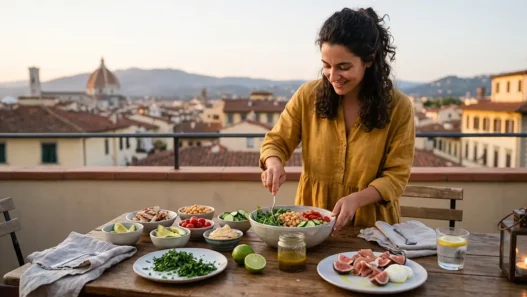 Donna prepara una cena fresca senza cottura con bowl vegetariana e carpaccio di fichi e prosciutto su un balcone al tramonto
