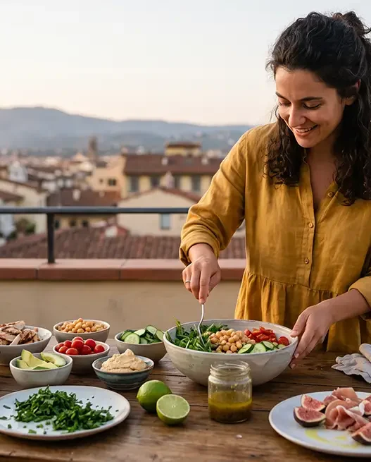 Donna prepara una cena fresca senza cottura con bowl vegetariana e carpaccio di fichi e prosciutto su un balcone al tramonto