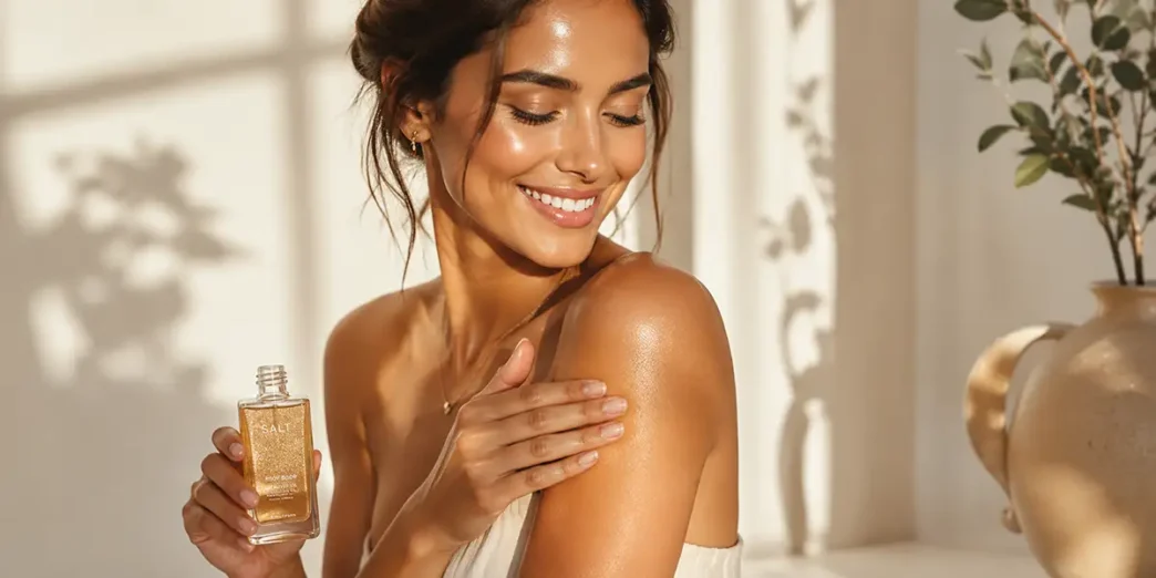 Una donna con una pelle dorata e luminosa applica un olio corpo idratante, il segreto migliore su come far durare l'abbronzatura.