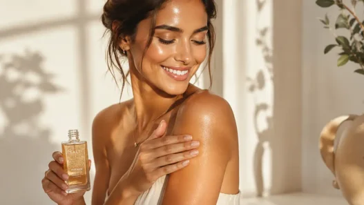 Una donna con una pelle dorata e luminosa applica un olio corpo idratante, il segreto migliore su come far durare l'abbronzatura.