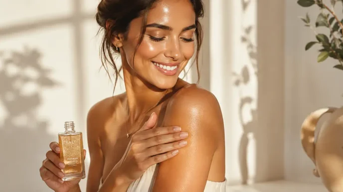 Una donna con una pelle dorata e luminosa applica un olio corpo idratante, il segreto migliore su come far durare l'abbronzatura.
