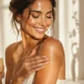Una donna con una pelle dorata e luminosa applica un olio corpo idratante, il segreto migliore su come far durare l'abbronzatura.