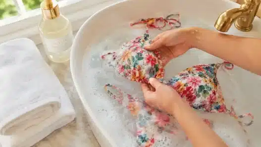 Un costume da bagno colorato in ammollo in una bacinella d'acqua fredda con sapone delicato, il metodo migliore per lavare i costumi ed eliminare la salsedine.