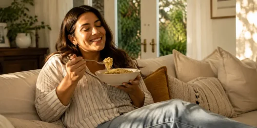 Una donna sorridente e rilassata si gode il suo comfort food a fine agosto, combattendo lo stress da rientro senza sensi di colpa