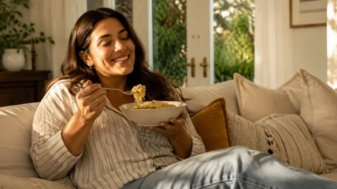 Una donna sorridente e rilassata si gode il suo comfort food a fine agosto, combattendo lo stress da rientro senza sensi di colpa