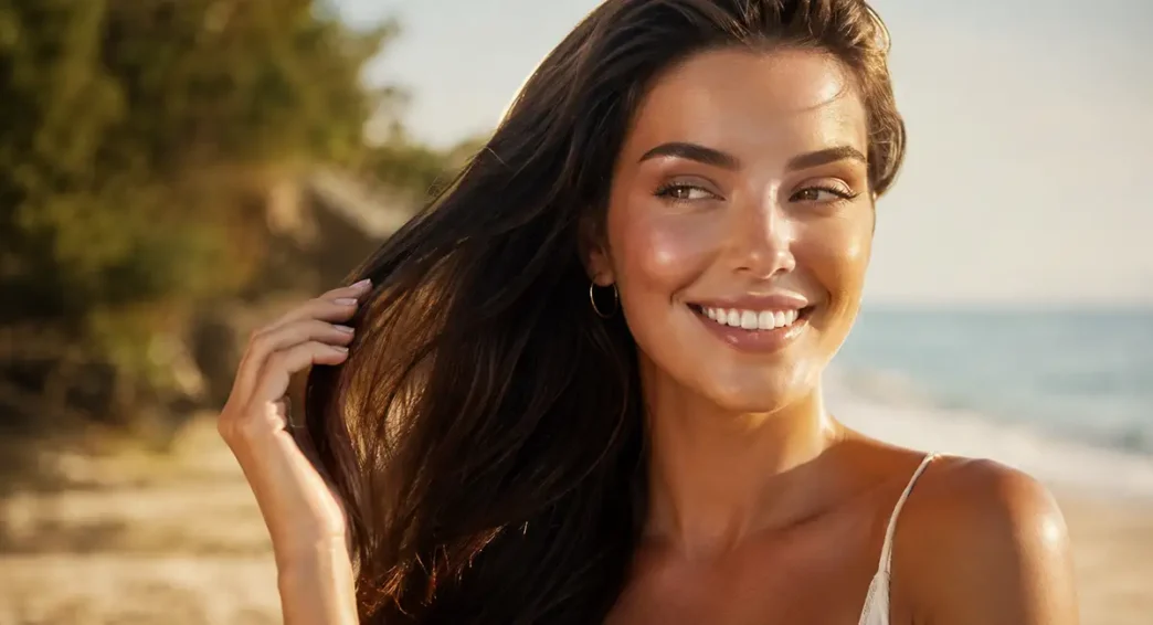 Donna sorridente con capelli lunghi, sani e lucenti. Il risultato dei 3 prodotti per riparare i capelli rovinati da sole e mare